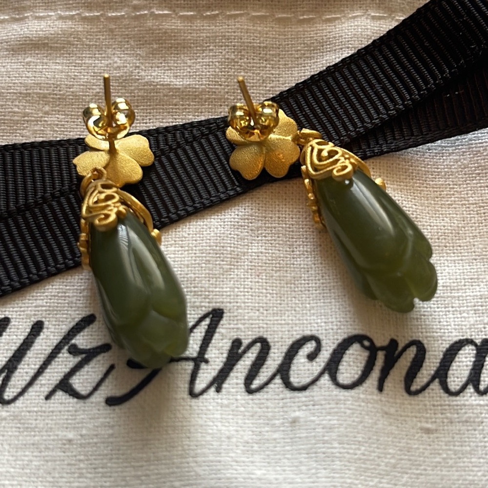 Beautiful  Jade Green beads dangle earrings 14K Gold-Dipped Textured Gold Flower - Picture 2 of 14